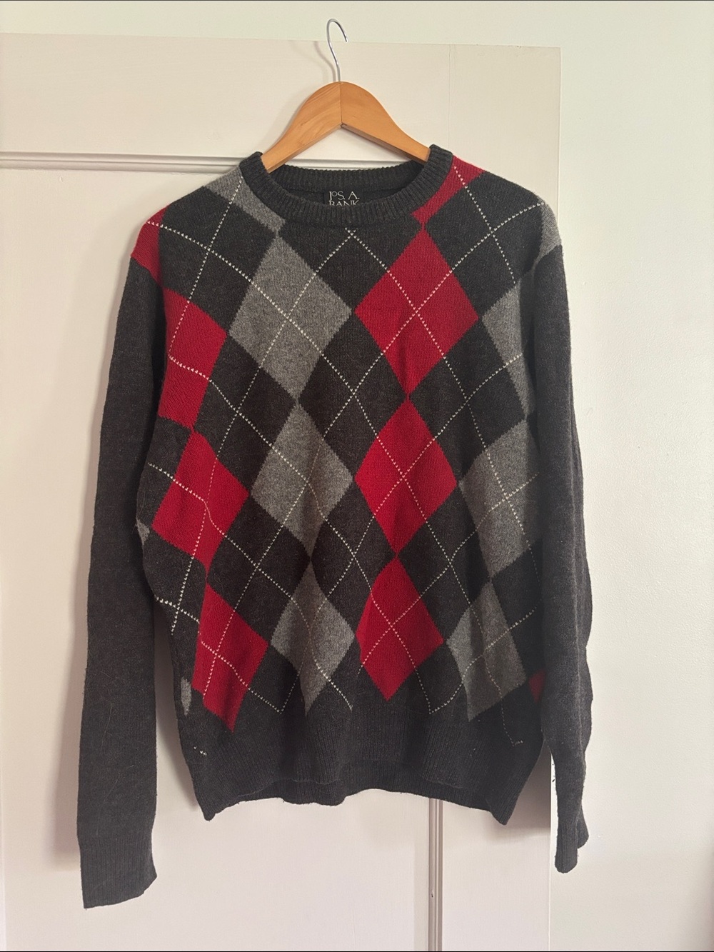 Jos. A. Bank Charcoal Crewneck Sweater with Red and Gray Argyle